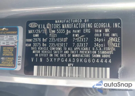 2019 Kia Sorento 2.4L L из США, поврежденный, VIN 5XYPG4A39KG604444